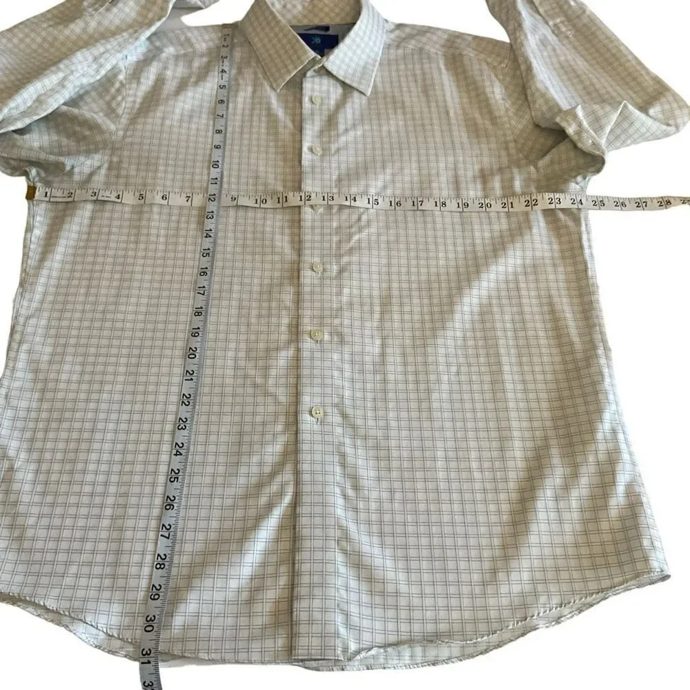 Egara Shirt Mens Button Down Cotton White Blue Square Print Non Iron Men Size XL